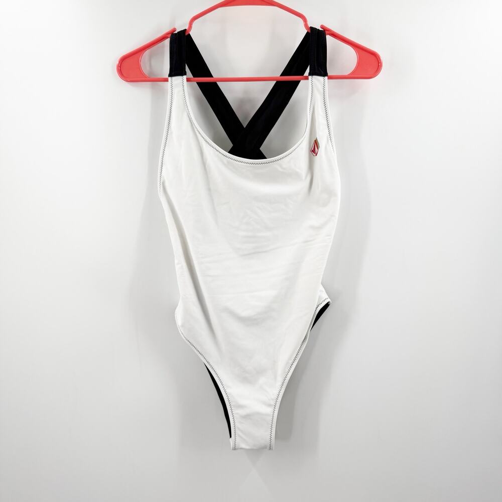 Volcom Swimsuit SZ Small NEW Simply Solid Colorblock Crossback W&B Logo NWOT